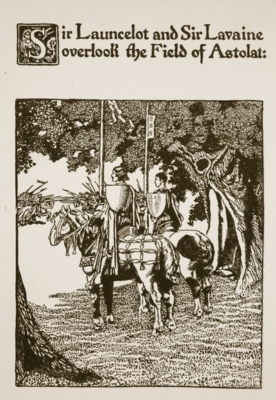 Sir Launcelot e Sir Lavaine osservano il campo di Astolat, illustrazione da 